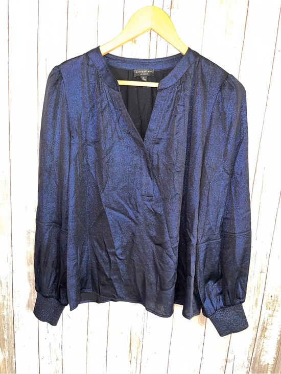 Current Air Tops - Current Air Metallic Shimmer Navy Blue V Neck Blouse Puff Sleeve Small